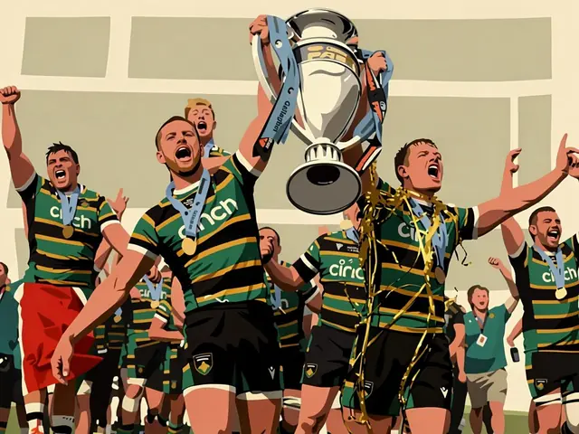 Northampton Saints players celebrate their Premiership title with the trophy