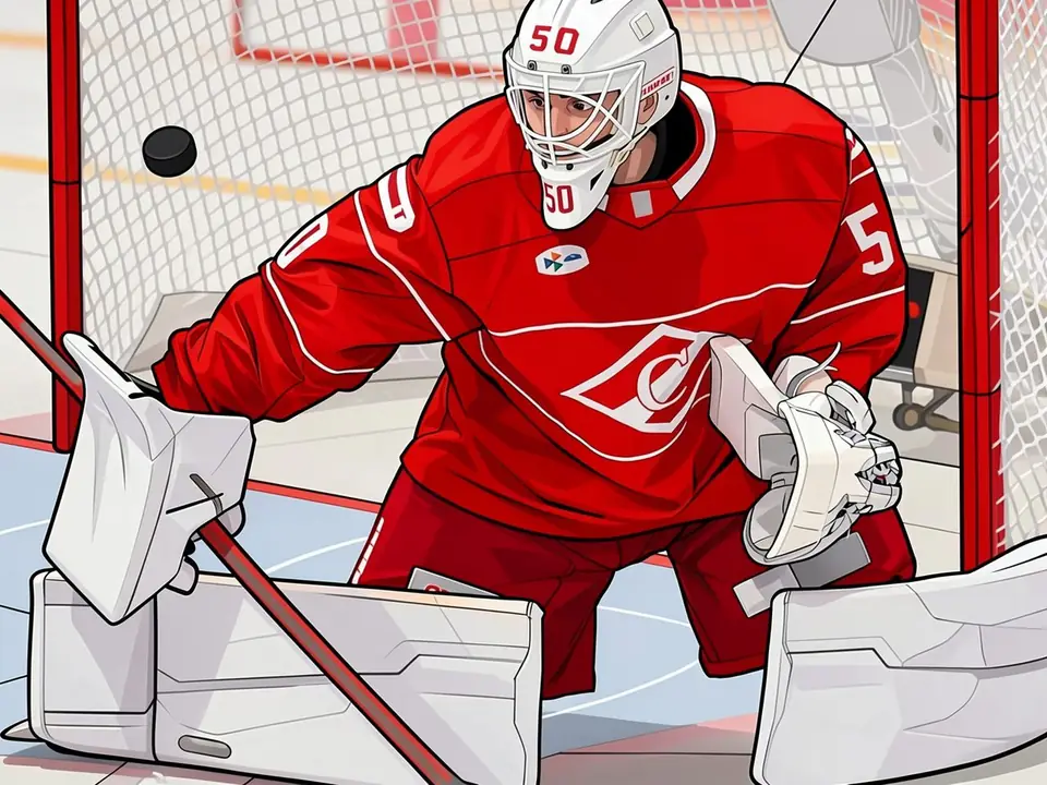 Spartak goalkeeper in red kit in a crouch before the goal, watching a puck in mid-air