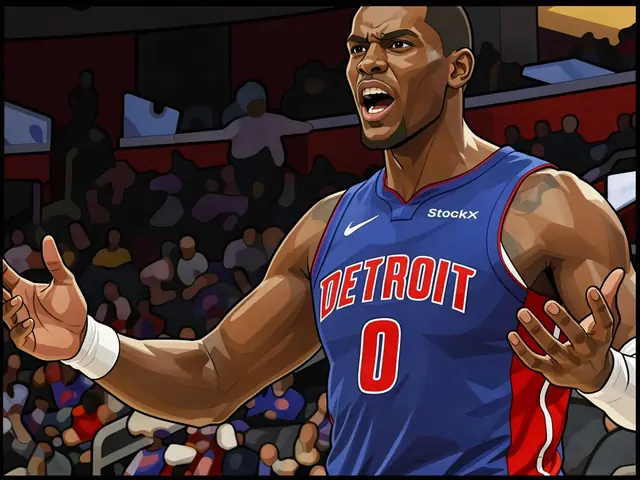 Detroit Pistons Center Jaylen Duren in blauem Trikot mit Nummer 0, gestikuliert intensiv.