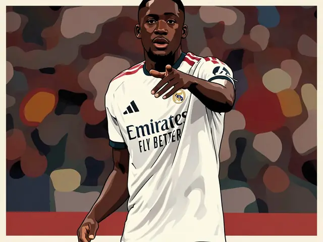 Real Madrid Verteidiger Ibrahima Konaté in weißer Trikots zeigt während eines Spiels.
