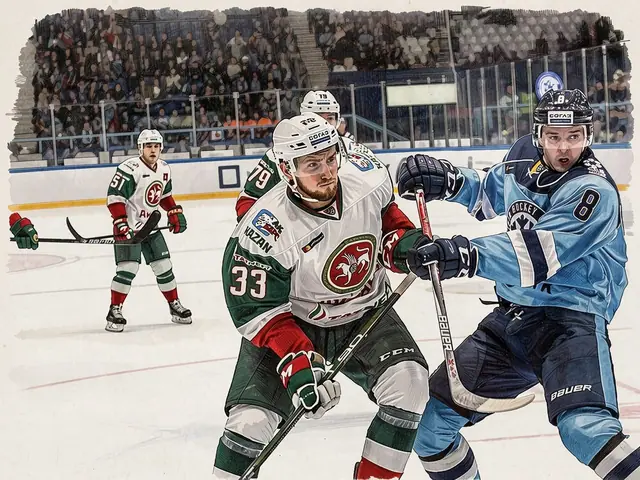 Eishockeyspieler von Ak Bars und Sibir kämpfen um die Puck während eines KHL-Spiels