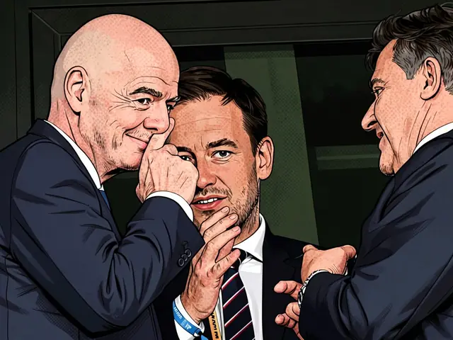 FIFA-Präsident Gianni Infantino (links) unterhält sich mit zwei Männern in Anzügen