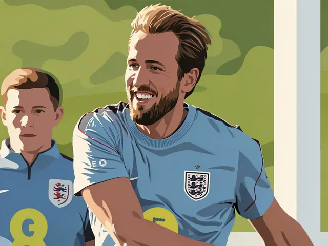 Harry Kane in an England training shirt smiles on the pitch.