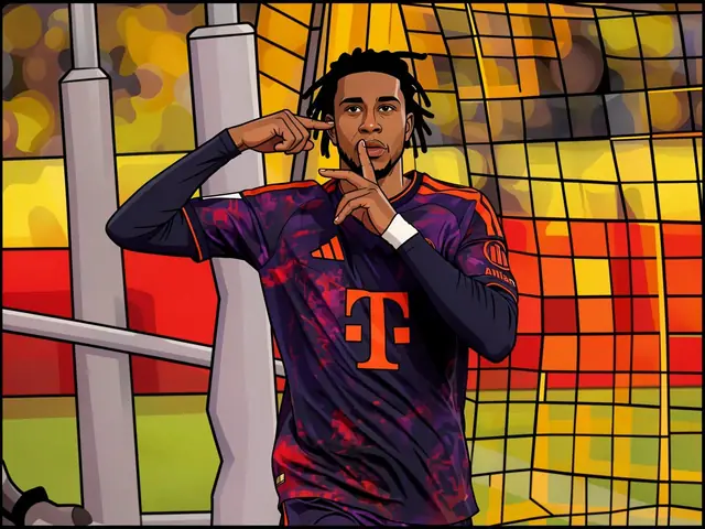Dani Olmo in einem Bayern-München-Trikot macht ein Hörgestein auf dem Platz.