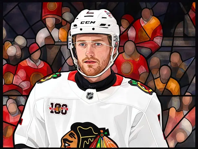Oliver Moore in weißer Chicago Blackhawks Trikot mit 100. NHL-Jubiläumslogo