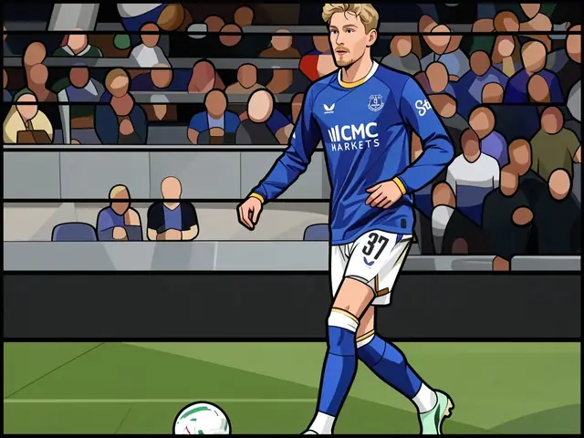 Everton-Mittelfeldspieler James Garner in blauer Trikotsaison mit dem Ball.