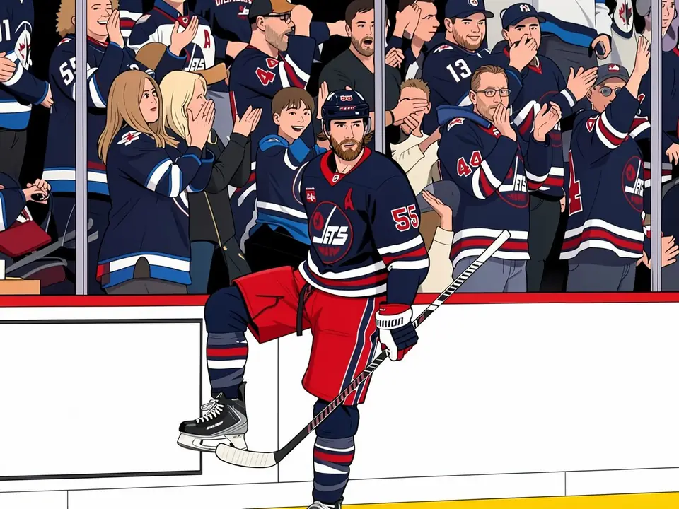 Winnipeg Jets player Mark Scheifele in blue and red kit number 55 stands on the ice with fans behind the glass