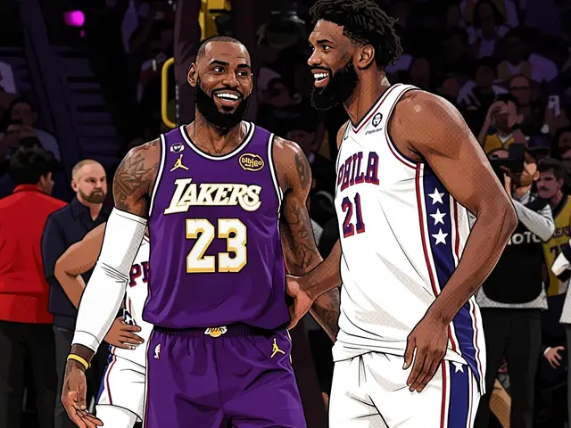LeBron James and Joel Embiid on the court, smiling at each other