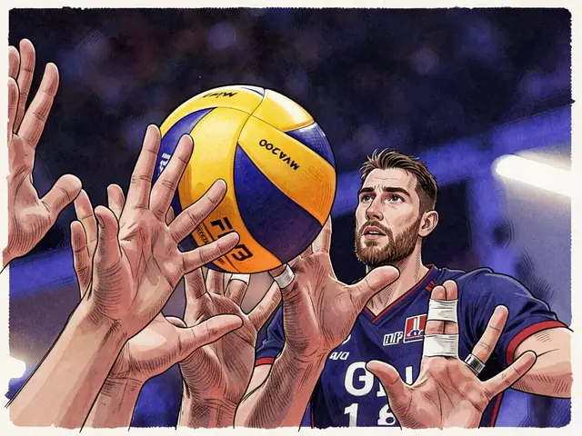 Players' hands reach up to block a yellow and blue volleyball during a European Championship match