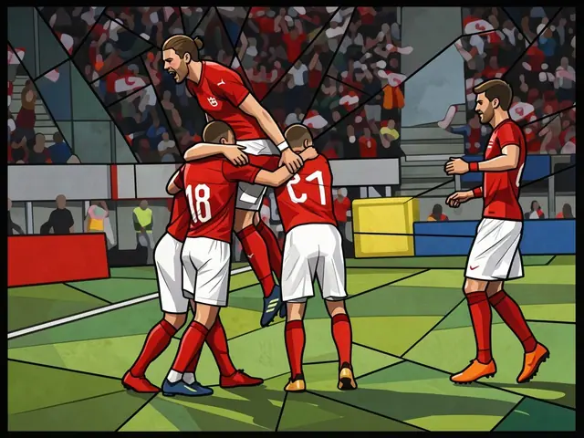 Austrian football players in red shirts celebrate a goal on the pitch