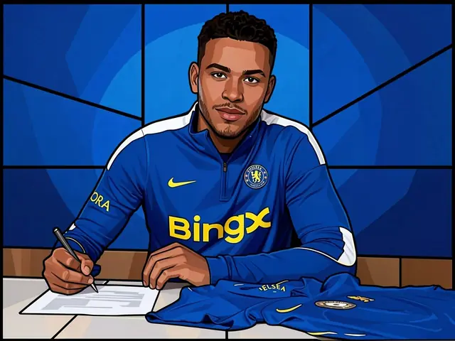 Chelsea player signs a contract at a table with a sponsor backdrop behind him.