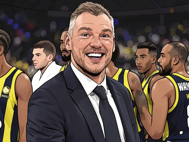 Fenerbahçe head coach Šarūnas Jasikevičius smiles with players in yellow and blue kits behind him.