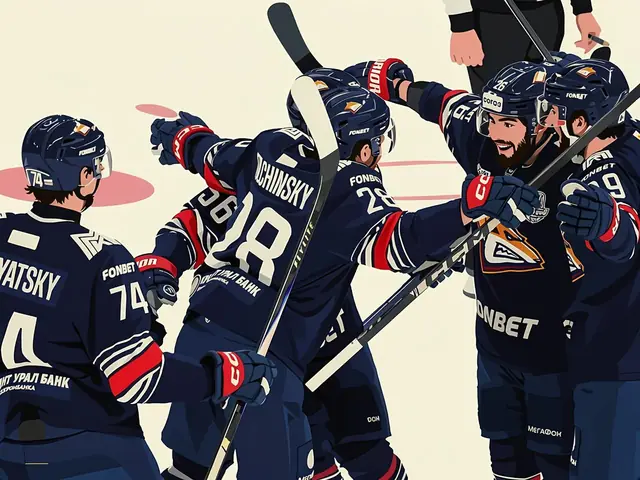 Metallurg-Magnitogorsk-Spieler Siryatsky, Tschinsky, Zhloba und Volkov feiern ein Tor auf dem Eis