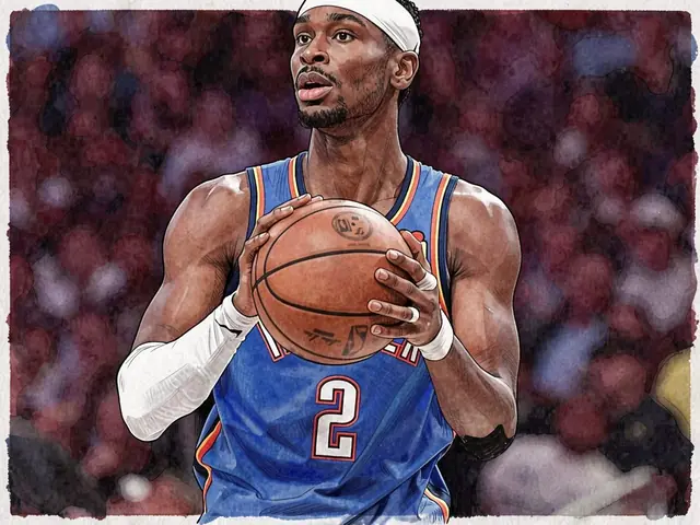 Shai Gilgeous-Alexander in blue Oklahoma City Thunder jersey holding a basketball
