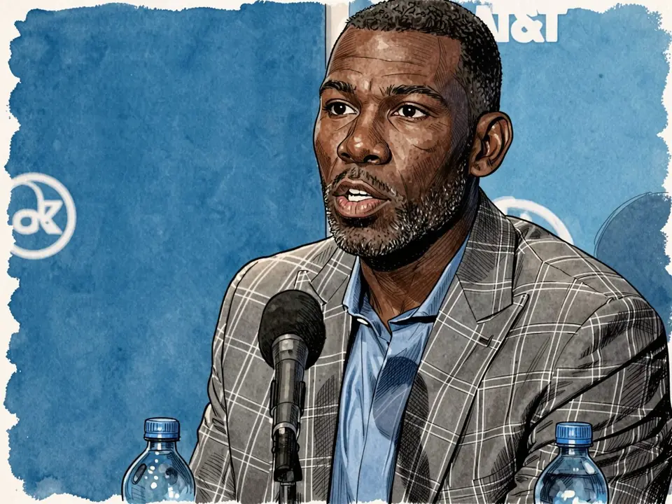 Michael Finley speaks at a press conference in a grey blazer.