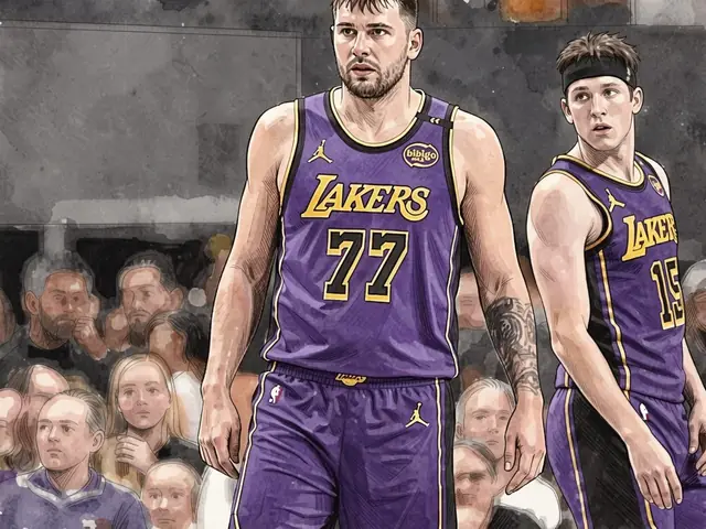 Zwei Basketballspieler in lila-goldenen Lakers-Uniformen auf dem Spielfeld während eines Spiels