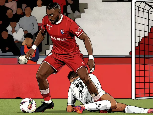Gil Vicente player in red dribbles the ball as an opponent in white slides in to tackle