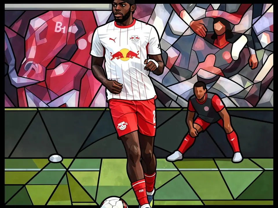 RB Leipzig defender Castello Lukeba in a white kit runs with the ball on the pitch.