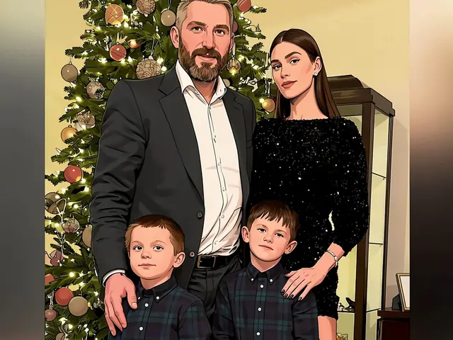 Nicolas Aube-Kubel's family in front of a Christmas tree
