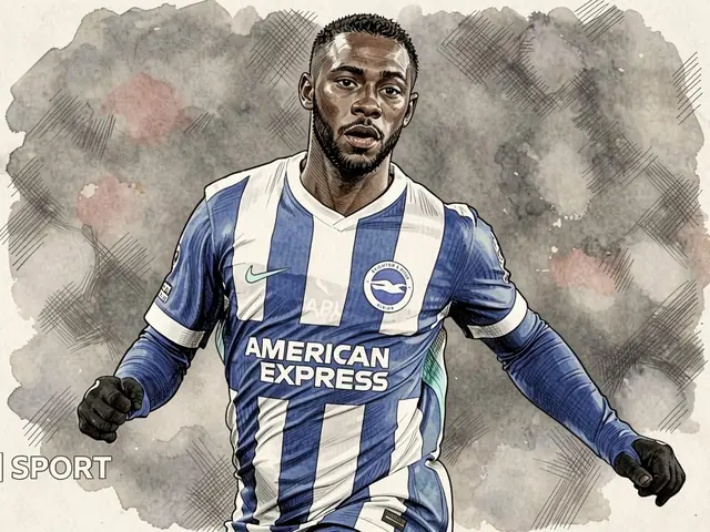 Футболист в сине-белой полосатой форме Brighton & Hove Albion с надписью American Express бежит вперёд