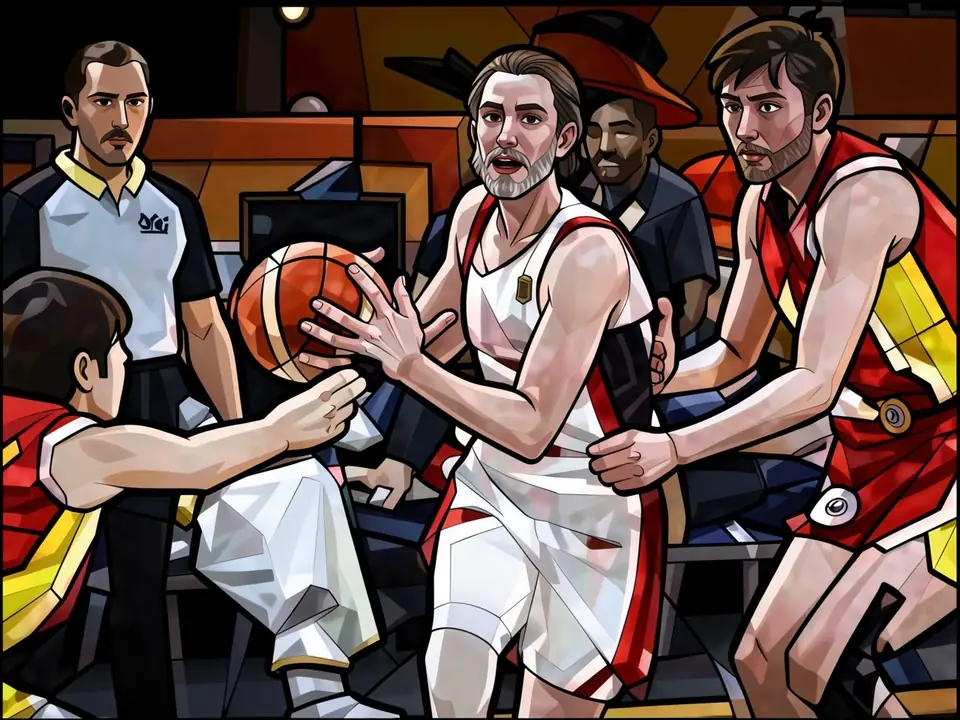 Basketballspieler in historischen Kostümen spielen in einer Halle. Ein Spieler in Weiß hält den Ball, andere in rot-gelben Trikots.