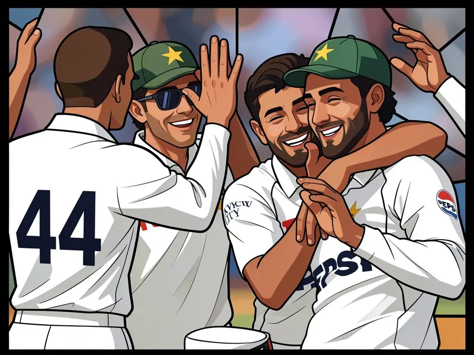 Pakistan cricket players in white shirts and green caps with yellow stars celebrate on the field