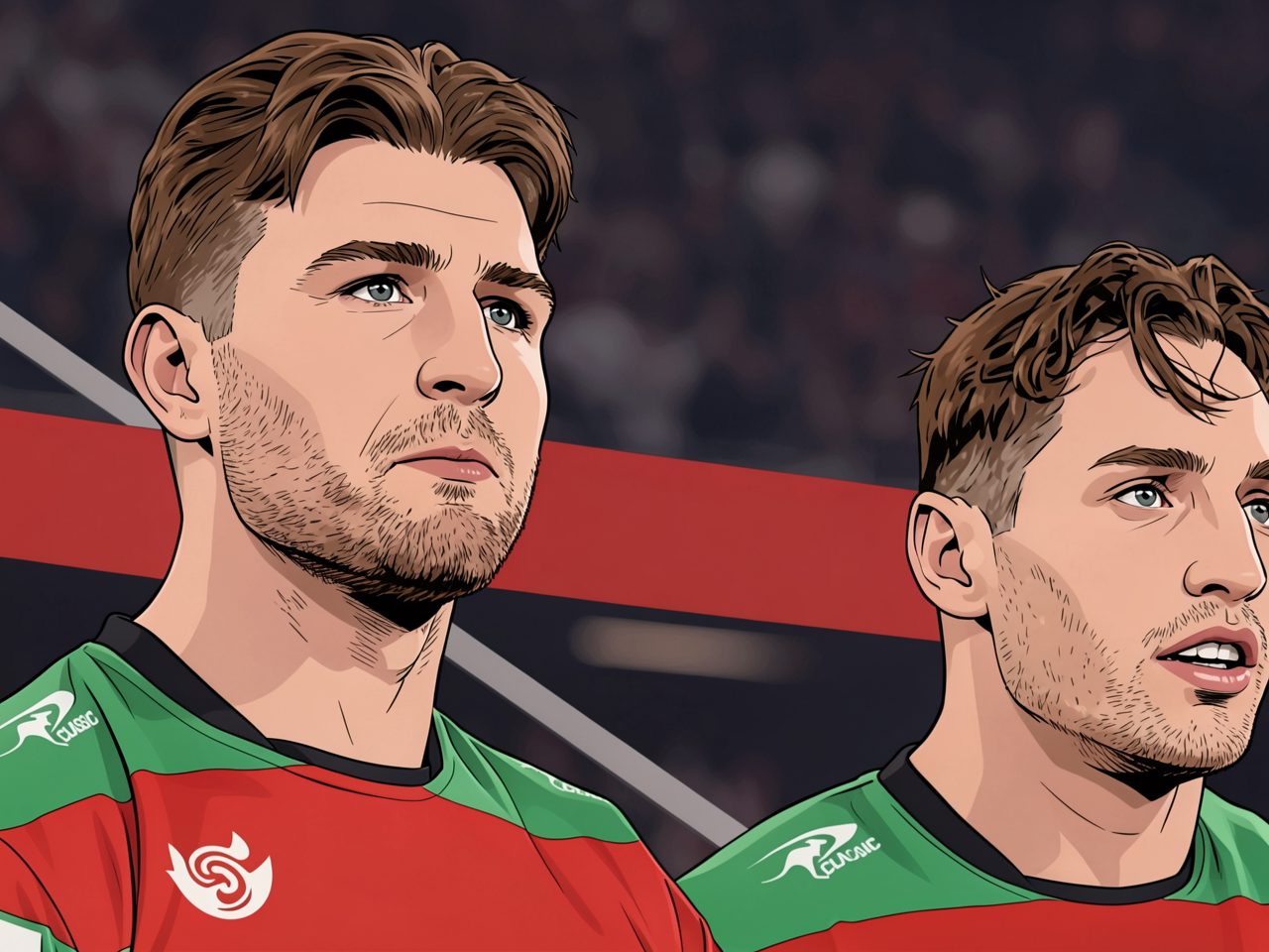 Two footballers in red and green shirts stand side by side against a stadium background