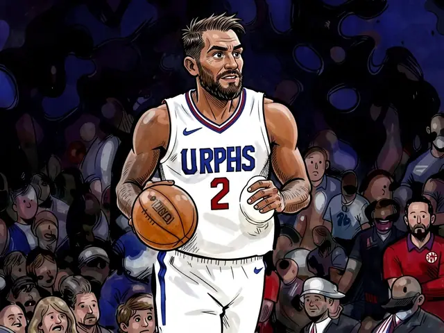 Баскетболист в белой форме Clippers с номером 2 держит мяч перед толпой