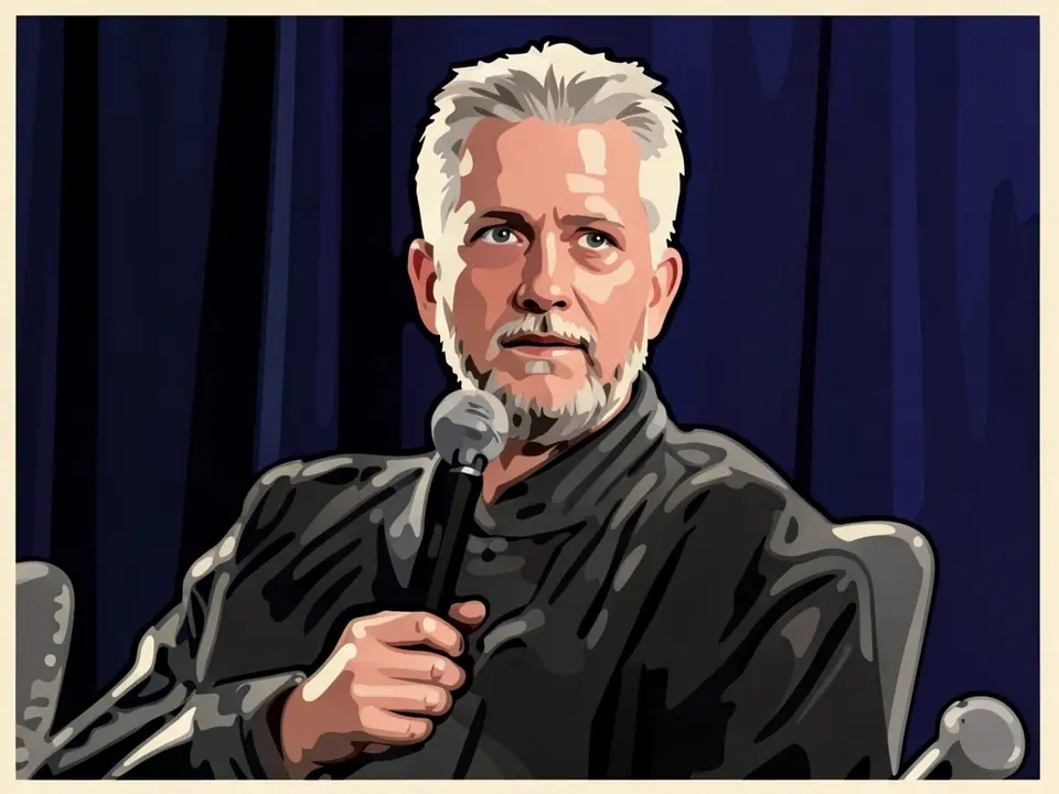 Bill Simmons spricht in ein Mikrofon bei einem Podcast, blaue Vorhänge im Hintergrund