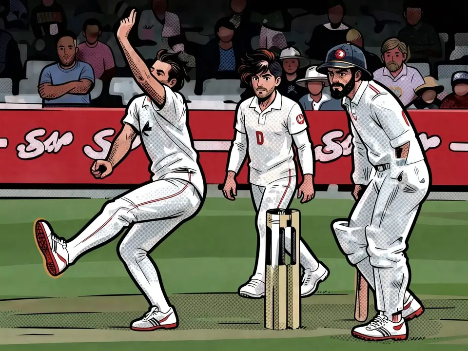Glamorgan-Bowler Lewis Gregory wirft, Craig Overton im Slip, Dixon an den Pfosten