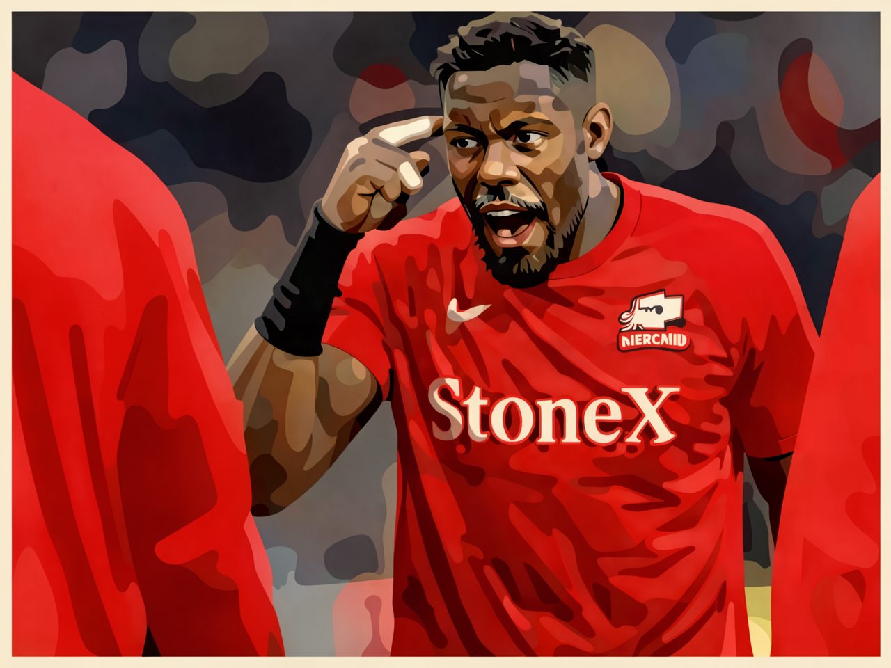 Player in red StoneX shirt points finger to his temple