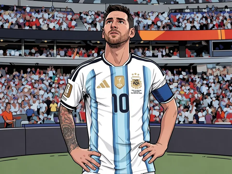 Messi in Argentina's number 10 kit stands on the pitch with hands on hips, stadium full of fans behind him