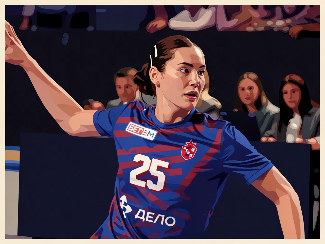 CSKA goalkeeper in blue-red kit number 25 raises arm with spectators behind