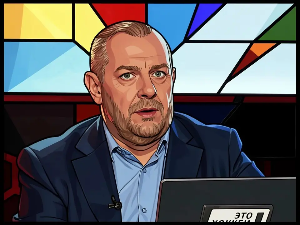 Sportminister Degtyarev an einem Schreibtisch mit Laptop vor buntem Hintergrund