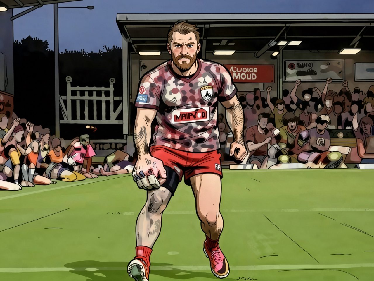 A goalkeeper in camouflage kit with gloves walks on the pitch before the stands
