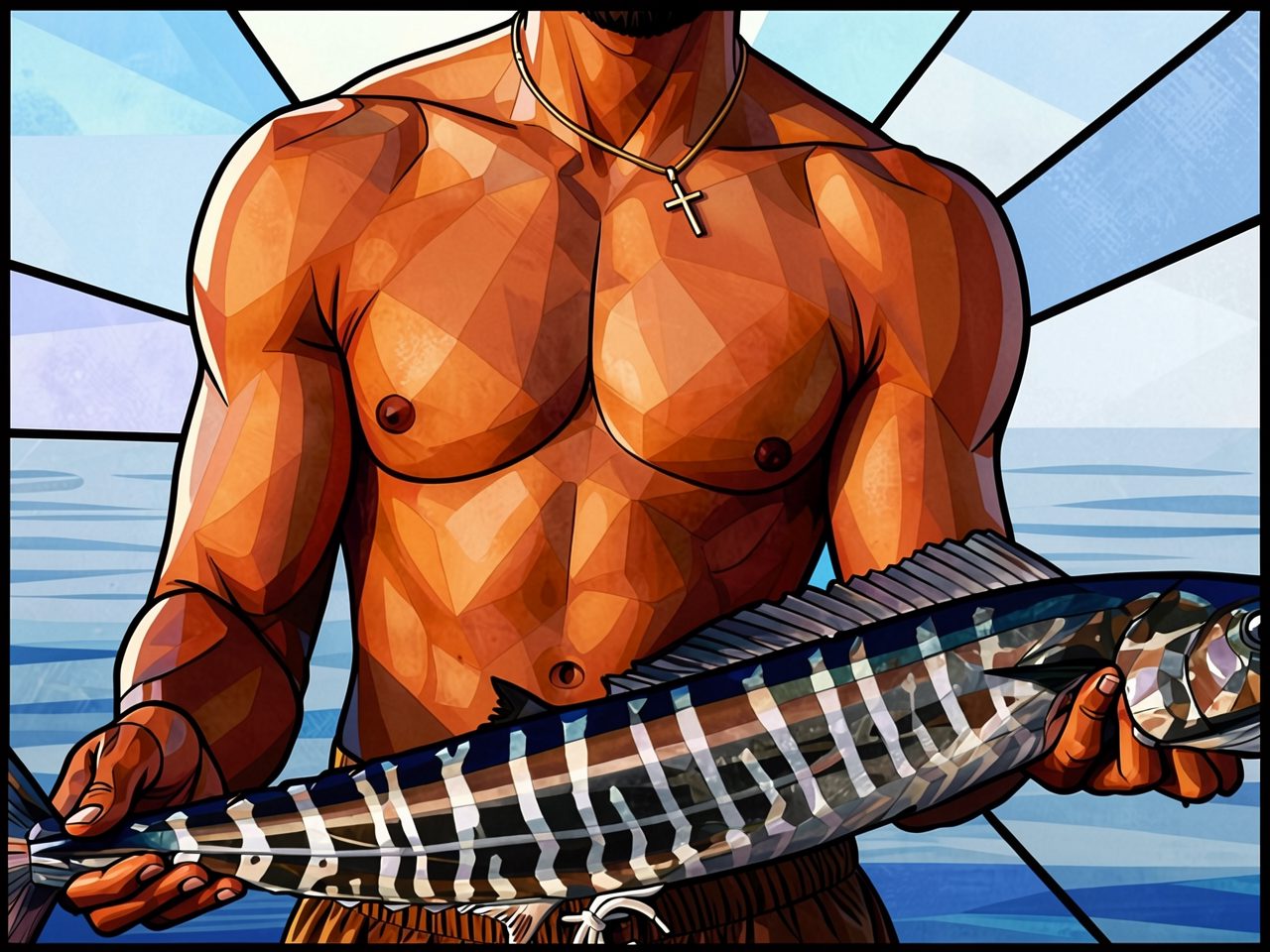 A shirtless man with a cross holds a large striped fish by the water
