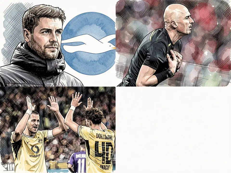 Three football illustrations: a man in dark jacket with seagull logo, coach in black kit and two players in yellow jerseys with raised hands