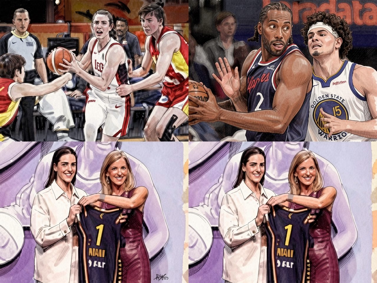 Four basketball scenes: players battling, Kawhi with Warriors, two women holding a jersey
