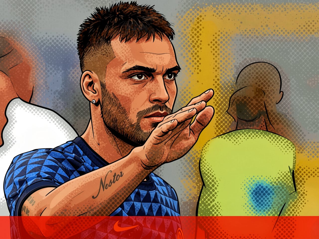 Fußballer in blauem Trikot mit 'Nestor'-Tattoo hebt die Hand zum Mund