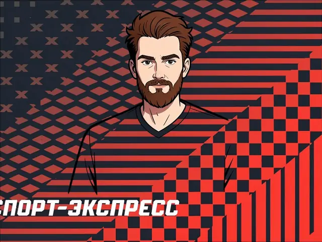 Мужчина с бородой в красно-чёрной полосатой футболке стоит на фоне геометрического узора