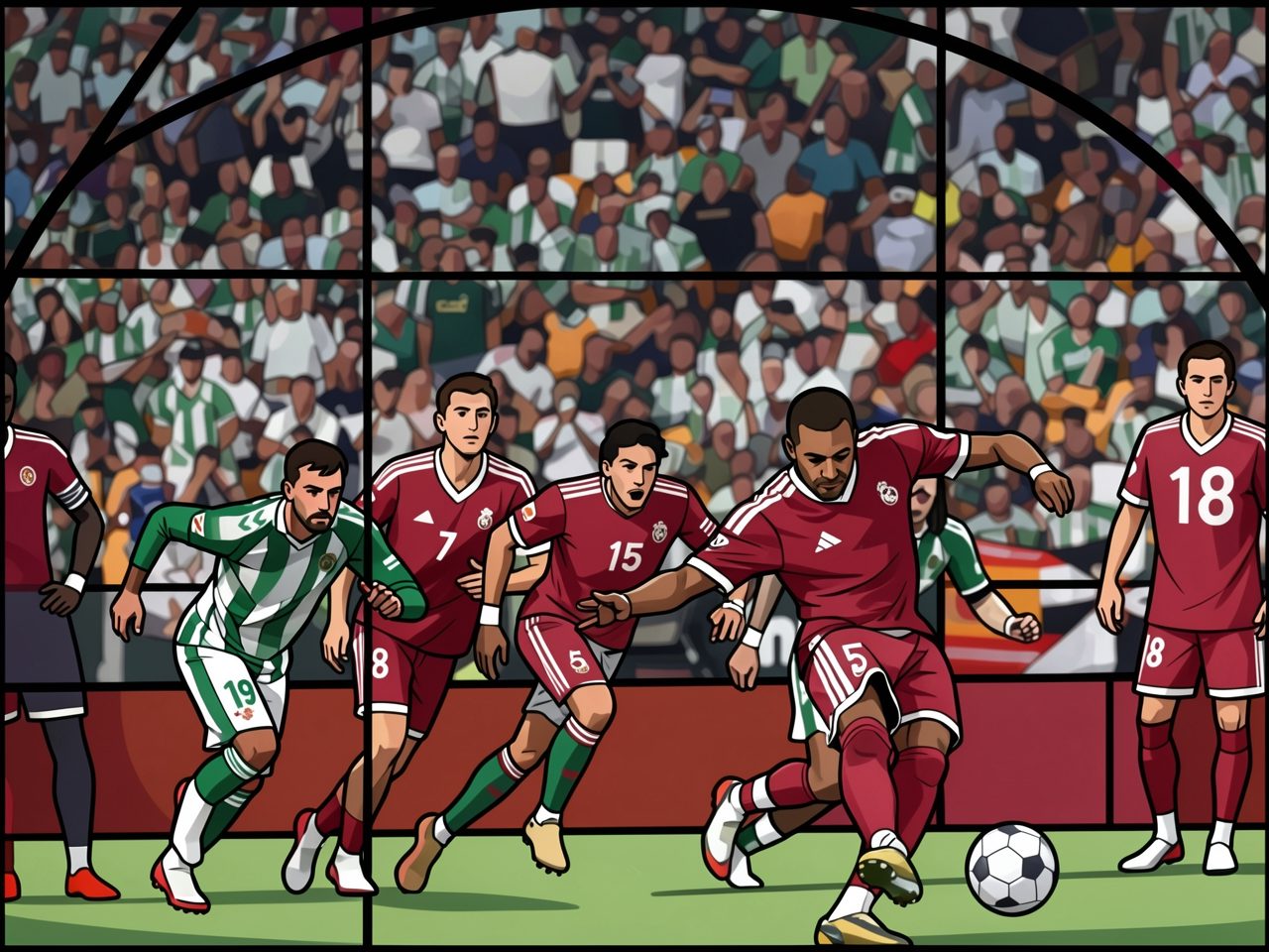 Players in red and green-white dribble the ball near the goal with fans behind