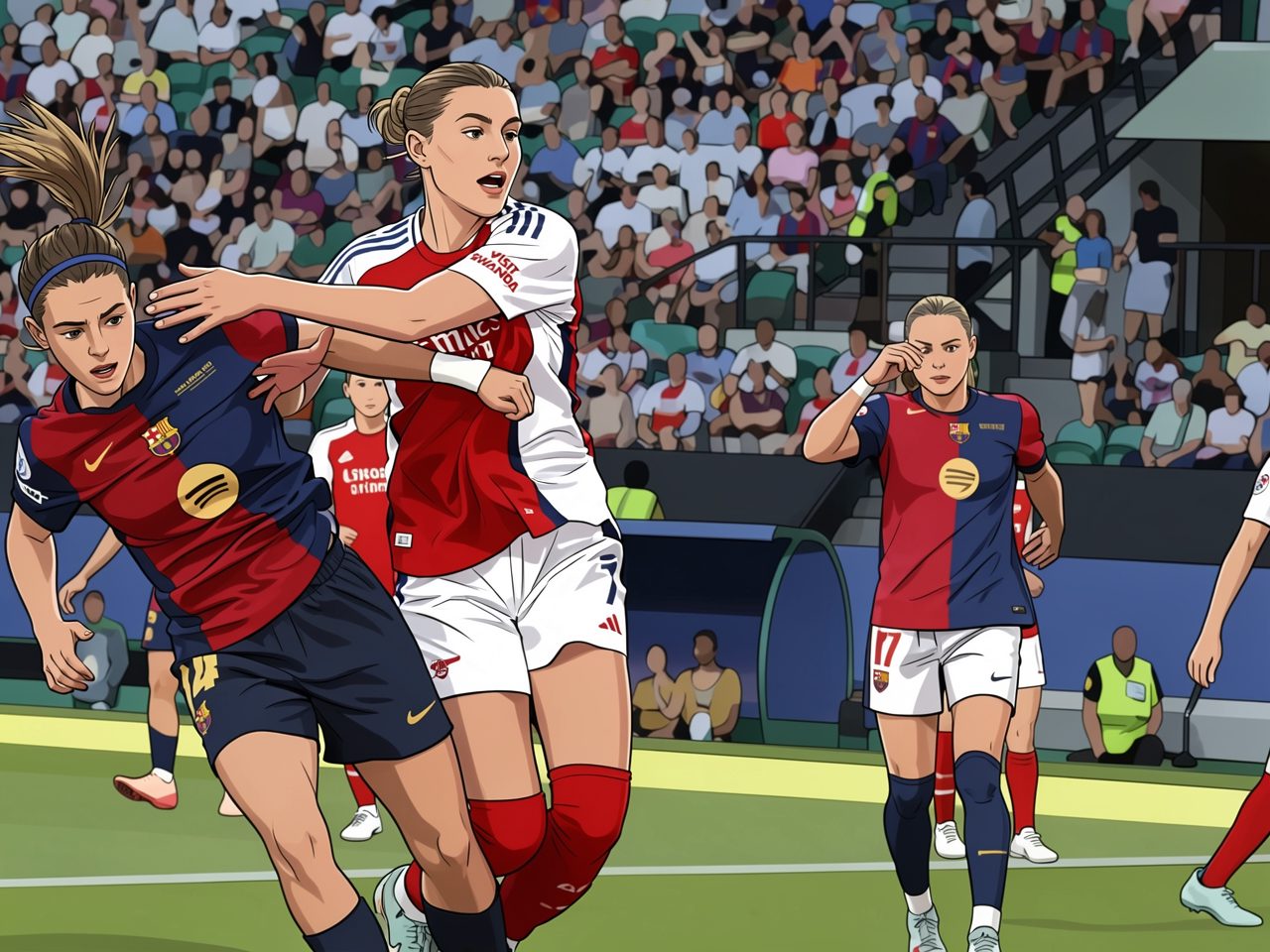 An Arsenal player in red battles a Barcelona player in blue on the stadium pitch