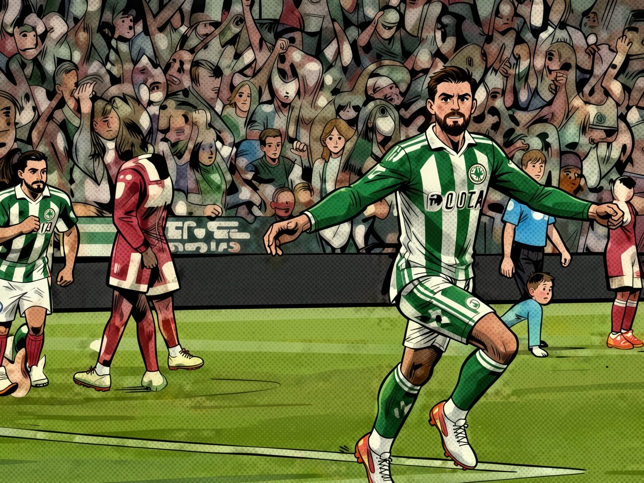 A player in green and white stripes runs on the pitch with arms outstretched. Opponents and fans are in the background.