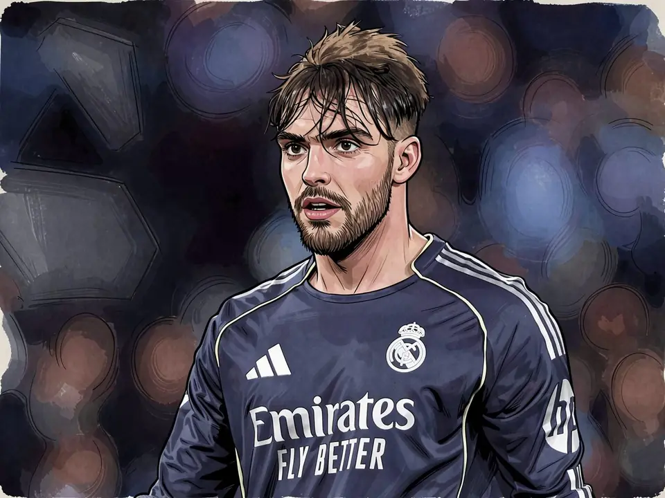 Raúl Asensio in der dunkelblauen Real-Madrid-Uniform mit Emirates-Logo vor abstrakten Kreisen.