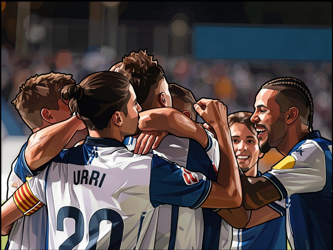 Footballers in white and blue jerseys celebrate a goal in a group, one player with URRI on his back
