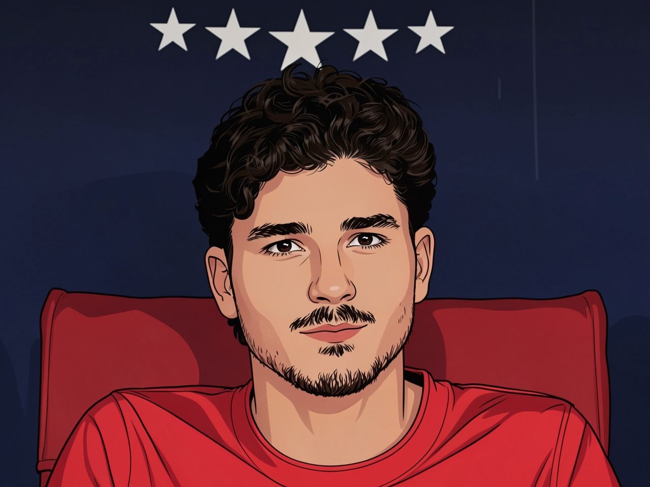 A man in a red shirt sits on a red chair, five white stars above him on a dark background