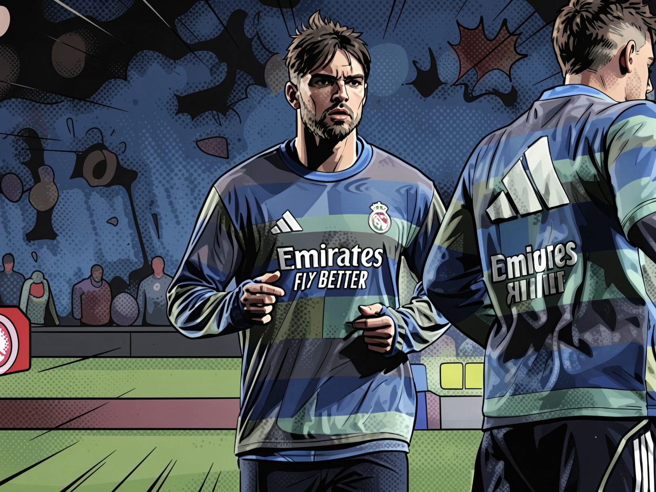 Zwei Real-Madrid-Spieler in Trainingsjerseys stehen auf dem Platz, einer schaut nach vorne, der andere mit dem Rücken zur Kamera