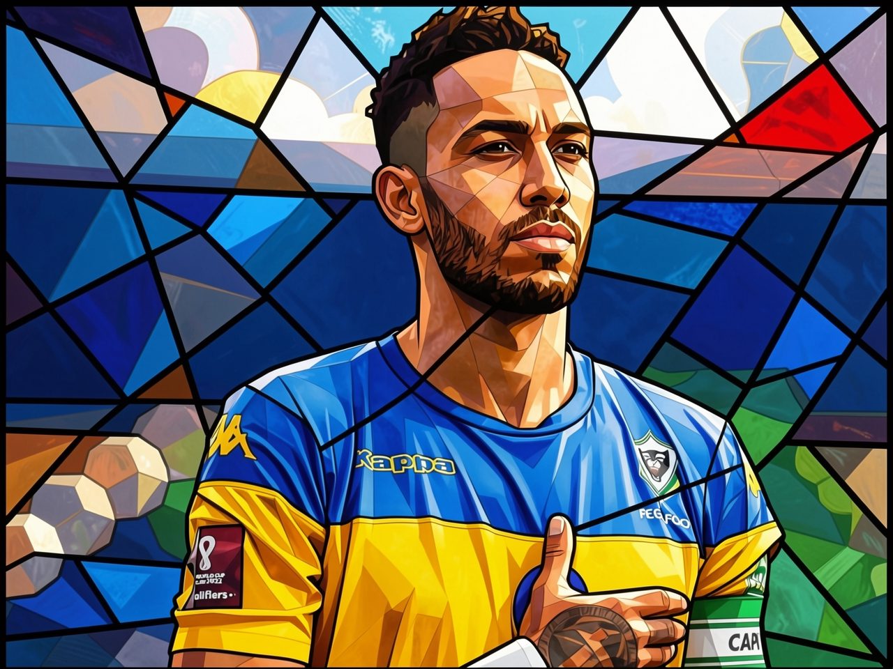 Gabon player in blue and yellow kit with captain armband and World Cup patch