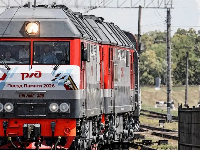 Электровоз РЖД с надписью 'Поезд Памяти 2026' движется по путям, в кабине видны машинисты