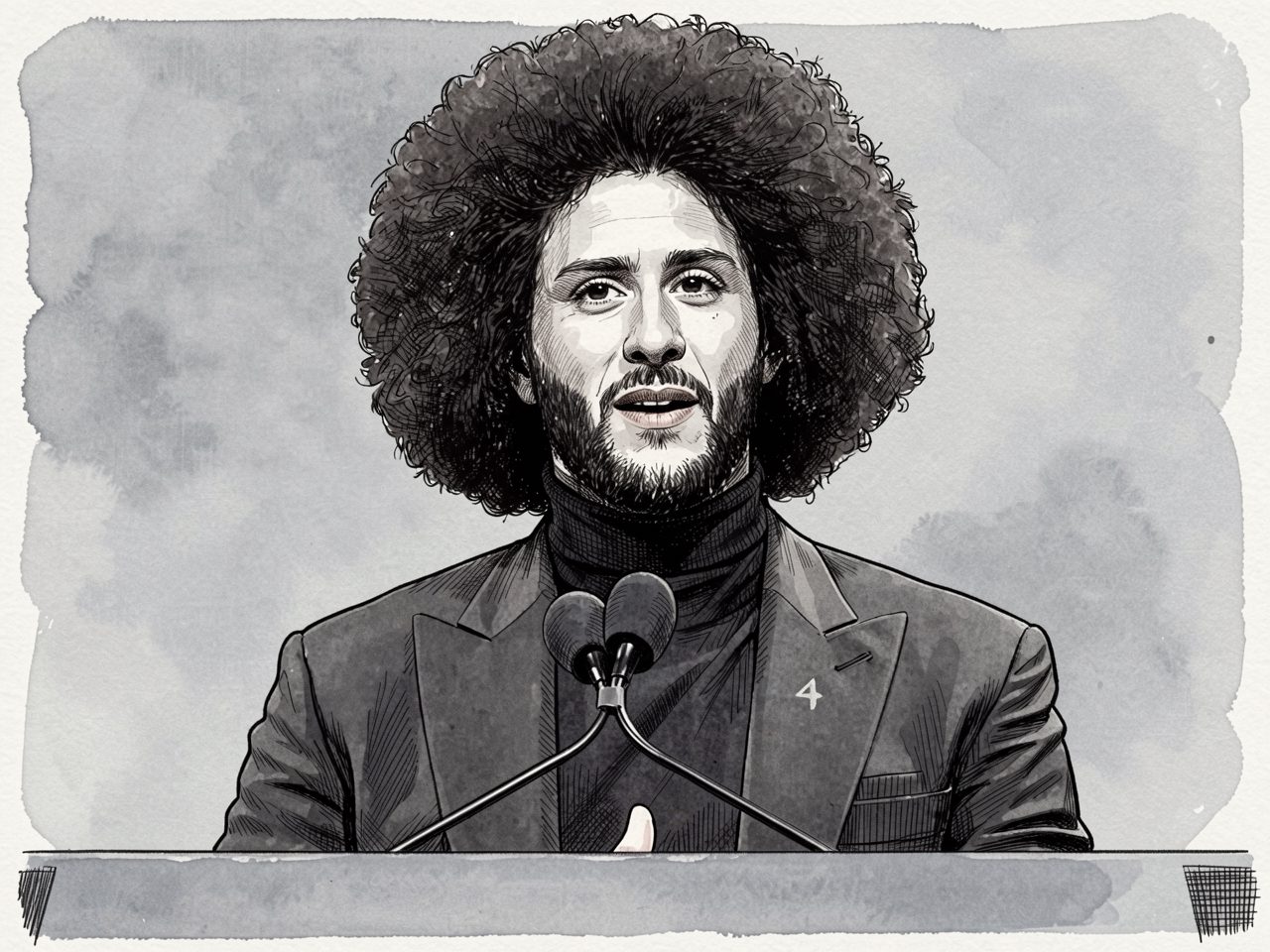 A man with curly hair in a dark jacket stands behind a podium with two microphones